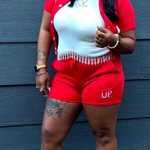 Women's High Waist Red Shorts Set W Jacket